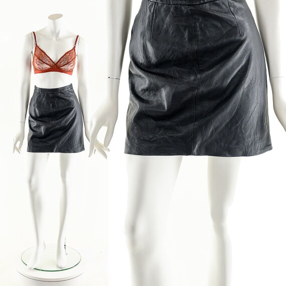 80/'s Vintage Black Leather Pencil Skirt High Waist Fitted Wiggle Pegged Skirt Size XSmall 26 inch Waist