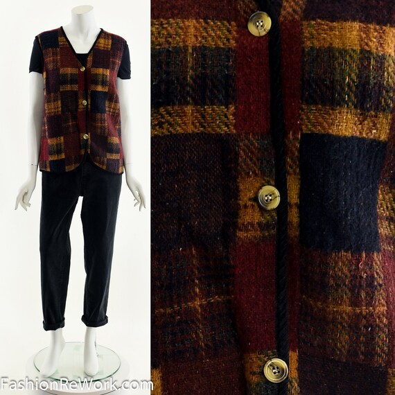 Dark Woolen Patchwork Plaid Vest - image 1