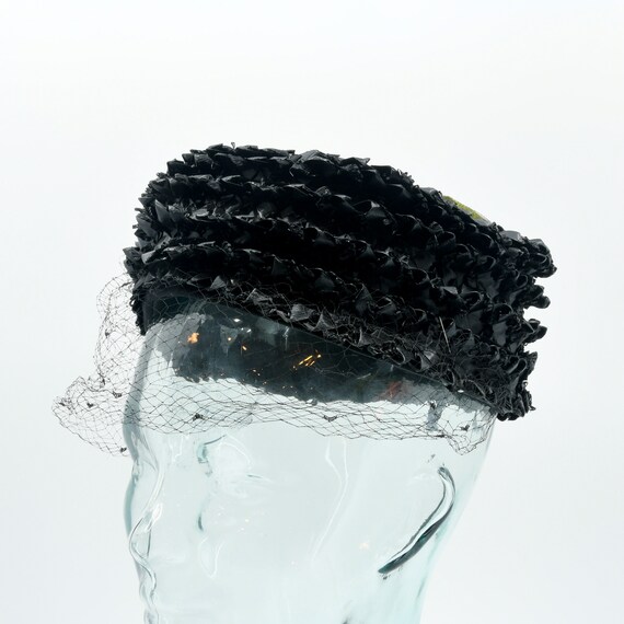 Black Woven Ribbon Pillbox Hat with Bird Cage Veil - image 2