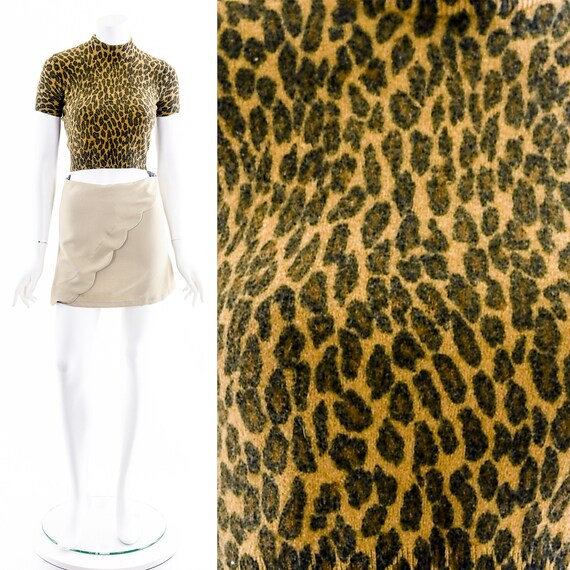 Cheetah Mock Neck Shirt,90s Leopard Sweater,Short Sleeve Sweater,Turtleneck Knit Top,Vintage Angora Shirt,Animal Print Rabbit Hair Sweater,