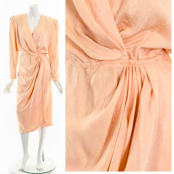 Peachy Pink Asymmetric Drape Silk Wrap Dress - image 3