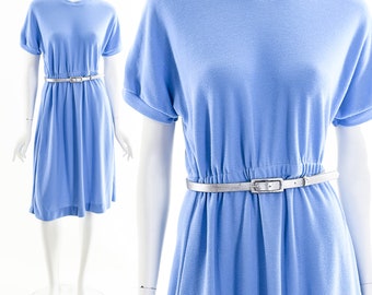 blue knit tshirt dress,80s knit fit and flare dress,mock neck dress,