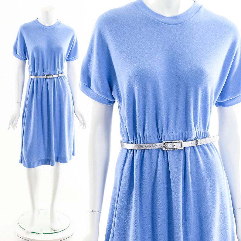 blue knit tshirt dress,80s knit fit and flare dress,mock neck dress, image 1