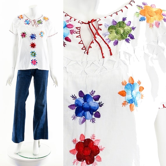 Embroidered Peasant Blouse,Rainbow Flower Embroid… - image 1