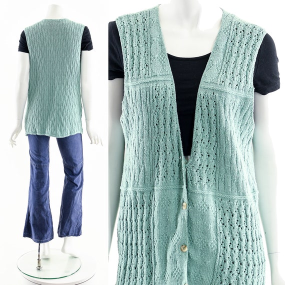 Sea Green Crochet Knit Cardigan Vest - image 2