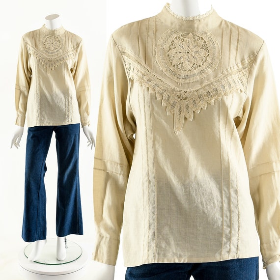 Victorian Linen Blouse,Crochet Daisy Blouse,Croche