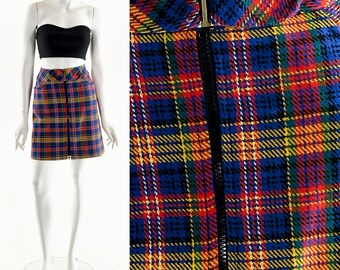 RAINBOW Plaid Skirt,Plaid Mini Skirt,Schoolgirl Skirt,Wool Plaid Skirt,Vintage 60s Skater Skirt,Zipper Front Skirt,Mod Twiggy Skirt,Gogo