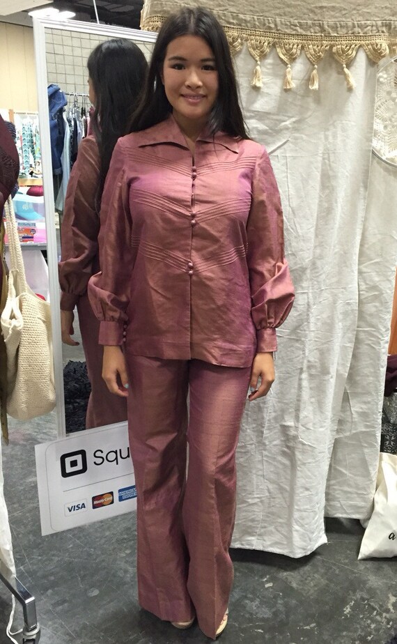 70s Silk Pant Suit RARE Iridescent Pink 