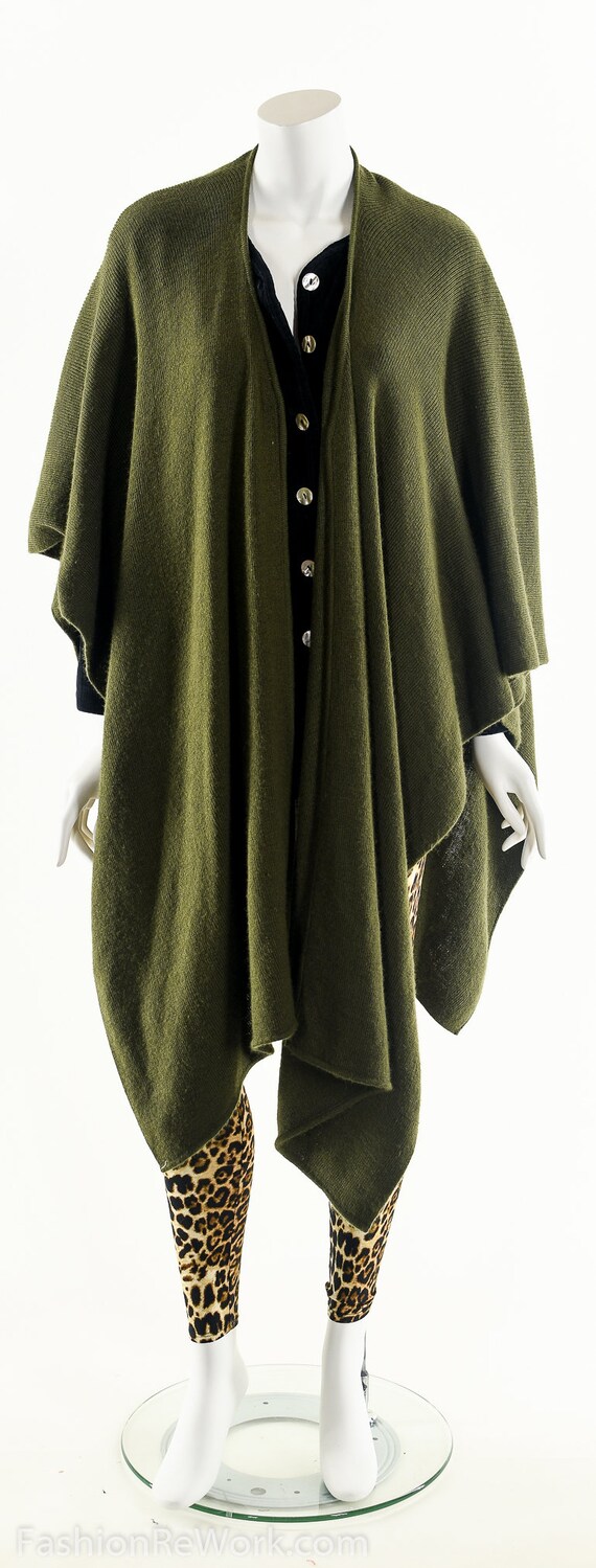 Green Knit Open Poncho,Vintage Sweater Cape,Olive… - image 7