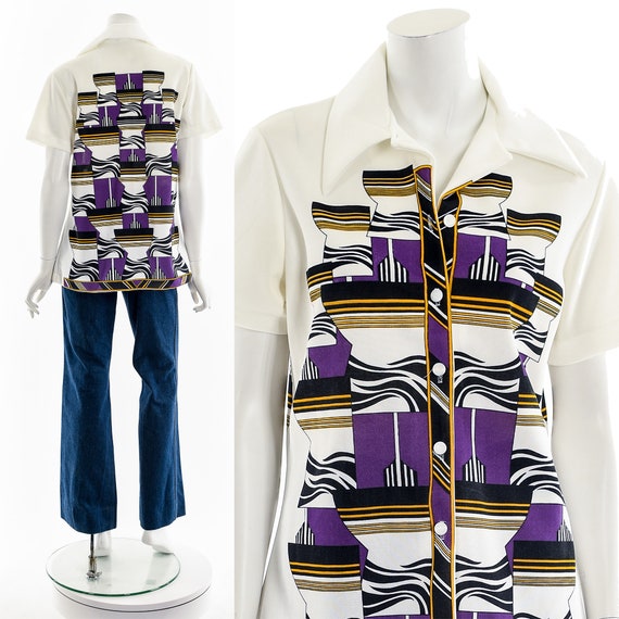 Psychedelic All Over Print Button Down Top - image 3