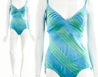 Blue + Green Striped One Piece Bathing Suit