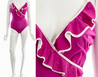 70s Magenta Rüschen Tiefer Ausschnitt Sexy Badeanzug