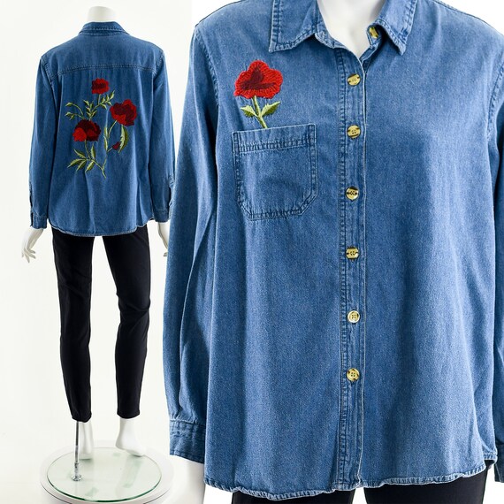 Huge Embroidered Rose Chambray,Indigo Chambray Bu… - image 2