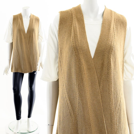 Beige Knit Long Vest Cardigan