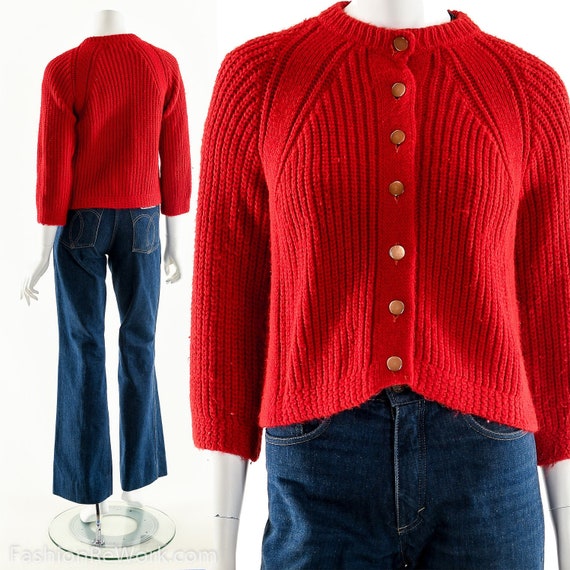 Red Cardigan Sweater, Chunky Knit Sweater, Hand Kn