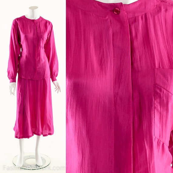 Silk Two Piece Dress Set,Magenta Silk Dress,80s V… - image 2