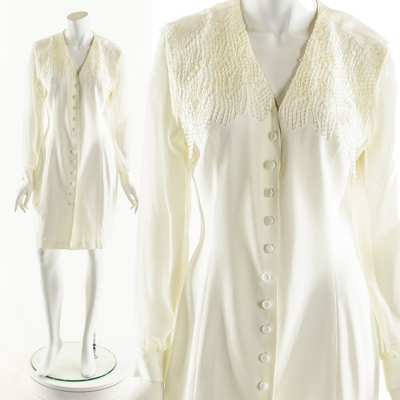 White Fringe Dress,Crochet Sheer Dress,80s Blazer… - image 1