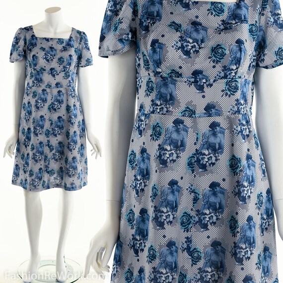Novelty Print Dress, 70's Mini Dress, Polka Dot Fl