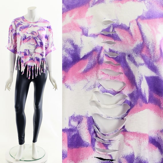 airbrush fringe crop top,80s tear tshirt,Slashed … - image 3