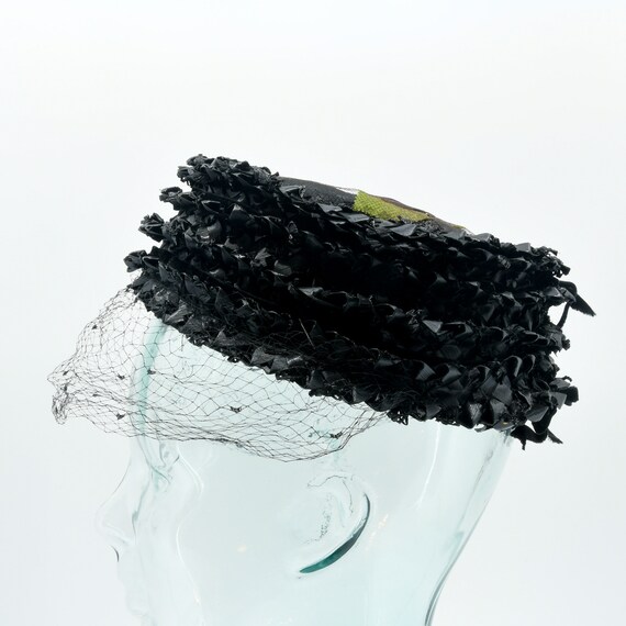 Black Woven Ribbon Pillbox Hat with Bird Cage Veil - image 3