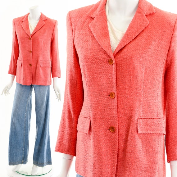 Tweed Boucle Blazer,Pink Coral Jacket,70s Knit Bo… - image 3