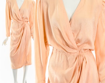 Peachy Pink Asymmetric Drape Silk Wrap Dress