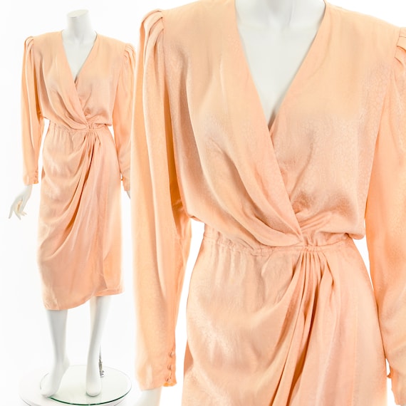 Peachy Pink Asymmetric Drape Silk Wrap Dress - image 1