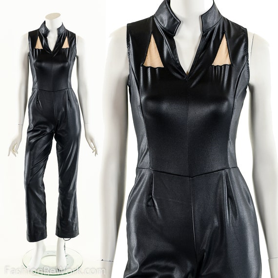 Vintage Black Jumpsuit,Faux Leather Catsuit,Vintag