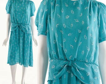 Blue Dress, 70's Dress, Leaf Print Dress, Novelty print dress, Cocktail Dress, Party Dress, Prom Dress, Festival Dress