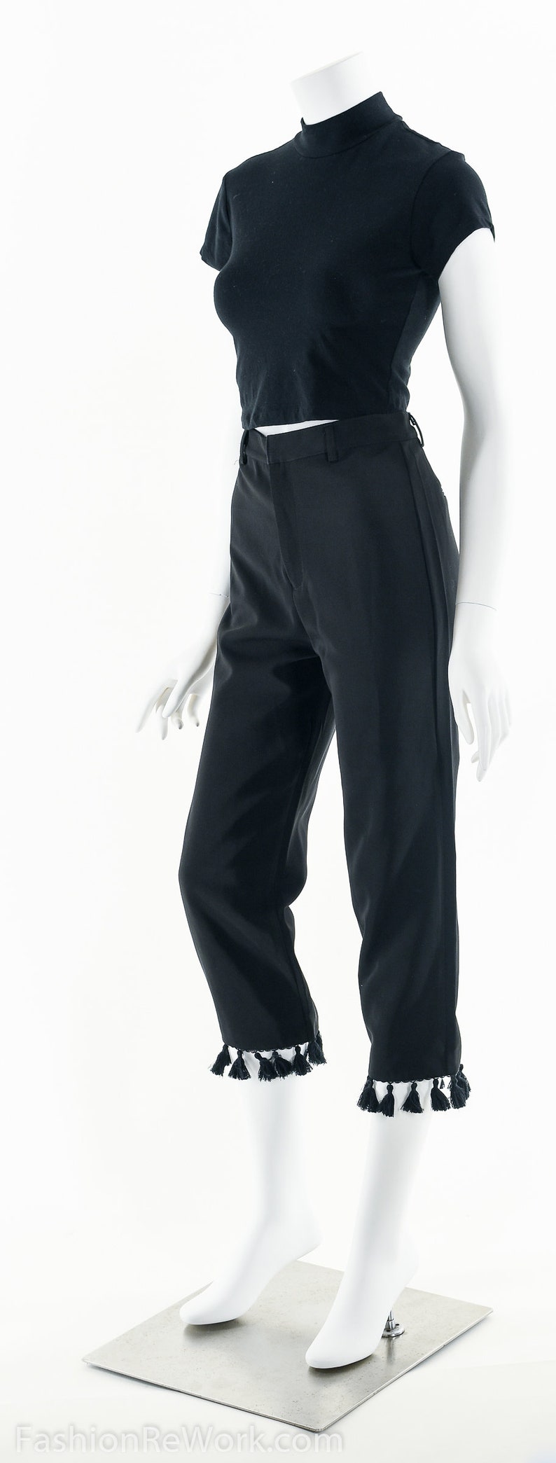 High Waist Pants Capri Fringe Pants Fringe Pants Dress Pants, Tassel Dress Pants Vintage Black Pants 90\u2019s Tassel Pants