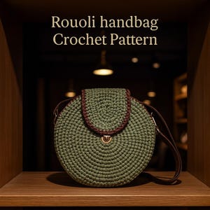 Op de afbeelding: Een ronde, olijfgroene gehaakte handtas met een bruine flap en riem. De tas heeft een goudkleurige sluiting en de tekst "Rouoli handbag Crochet Pattern" staat bovenaan.