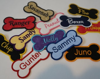 Dog Bone Shape Embroidered Name Patch - Iron On Back - Hook & Loop Back Upgrade Available