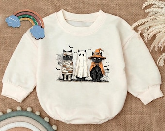 Boo Ghost Black Cat Baby Romper, Personalised Halloween Cat Baby Bodysuit, Halloween Autumn Baby Clothes, Halloween Pumpkin Cat Baby Outfit