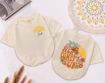 Here Comes The Sun Bubble Romper, Personalised Retro Baby Romper, Birthday Gift, Baby Girl Summer Outfit, Baby Announcement, Baby Shower