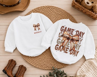 Custom name Coquette Football Baby Romper, Football Flower Bow Baby Bodysuit, Game Day Gift, Retro Football Season Baby Outfit