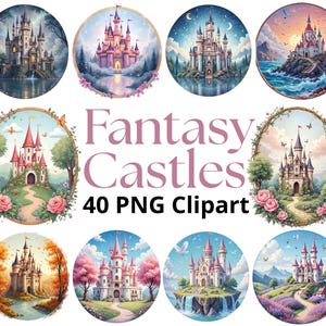 Clipart fantasiekasteel – 40 png-bestanden / magische sprookjeskastelen / pastelkleurige koninklijke paleizen / digitale download voor sublimatie, ambachten en stickers