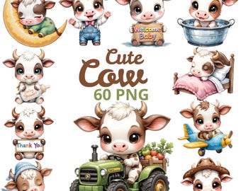 Kawaii Baby Cow Clipart | Chibi Farm Animal PNG (Digital Download)