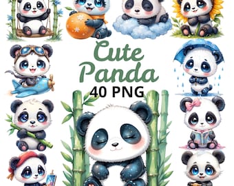 Kawaii Panda Clipart Bundle, Watercolor Nursery Art (Digital Download)