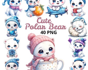 Clipart de oso polar kawaii, animales de invierno, arte infantil (descarga digital)