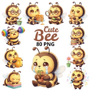 Cute Bee PNG Bundle/ Kawaii Baby Bee Clipart/ Honey Bee Illustrations/ Bee For Nursery and Kids/ Sublimation & Stickers/ Digital Download