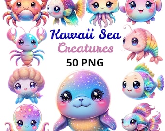 Kawaii Sea Creatures Clipart, Cute Baby Ocean Animals, Jellyfish Crab Fish Seal, Pastel Rainbow Kawaii Sublimation, Digital Download