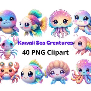 Aquarell Kawaii Meereskreatur Clipart / Regenbogen Meerestiere / PNG Digital Image Downloads / Aufkleber, Sublimation / süße Meerestiere Clip Art
