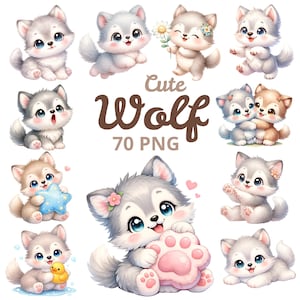 Paquete de imágenes prediseñadas de lobos adorables en formato PNG, lobo kawaii, lobo bebé, animales chibi, criaturas del bosque, pegatinas imprimibles, decoración para guardería, descarga digital.