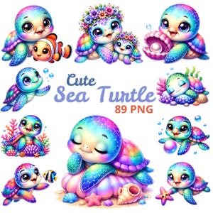 Puede incluir: Una colección de ilustraciones digitales que muestran tortugas marinas coloridas con ojos grandes, algunas con coronas de flores, interactuando con peces payaso, perlas, conchas y arrecifes de coral, con el texto Cute Sea Turtle 89 PNG en el centro.