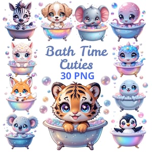 May include: A selection of cartoon animals, such as a zebra, puppy, elephant, and octopus, depicted in bubble baths. The image features the text "Bath Time Cuties 30 PNG."
