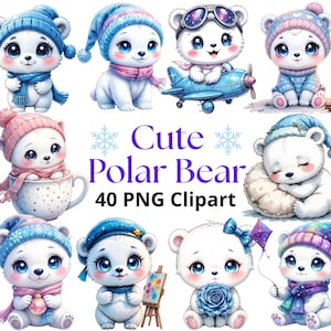 Watercolour Cute Polar Bear Clipart Bundle–40 PNG Kawaii Chibi Winter Bear Illustrations/Baby Polar Bear Digital Download/Nursery Animal Art