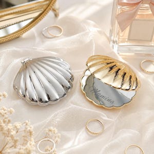 Personalized Seashell Compact Mirror, Custom Engraved Name Shell Makeup Mirror, Bridesmaid Gift, Beach Wedding Favor, Mermaid Pocket Mirror
