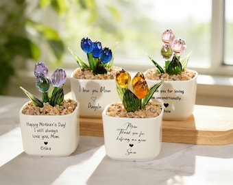 Glass Everlasting Tulips, Mom Flower Gift, Hand Blown Glass Potted, Mothers Day Gifts