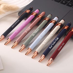 Gepersonaliseerde veelkleurige pen met stylus en zakje, cadeaus voor haar, aangepaste naam gegraveerde pen, veelkleurige cadeauset met etui, elegant schrijfgerei