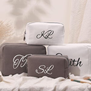 Monogram Waffle Cosmetic Bag,Personalized Waffle Toiletry Bag,Initials Makeup Bag,Custom Name Cosmetic Bag,Bridesmaid Gift,Bridal Party Gift